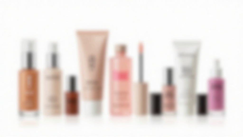 A collection of Amazon-purchased makeup products displayed with review cards and beauty sponges.