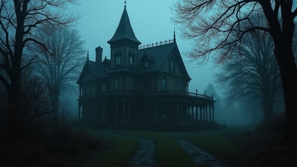 A moody misty forest with gothic style accents and subtle stylish color accents