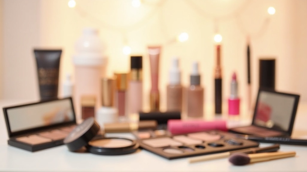 Assortment of Amazon makeup products neatly arranged on a table, with bright studio lighting emphasizing colors and packaging.