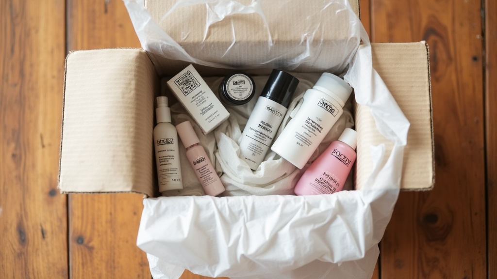 Close-up of a brown Amazon Prime box filled with neatly wrapped makeup products and bubble wrap.