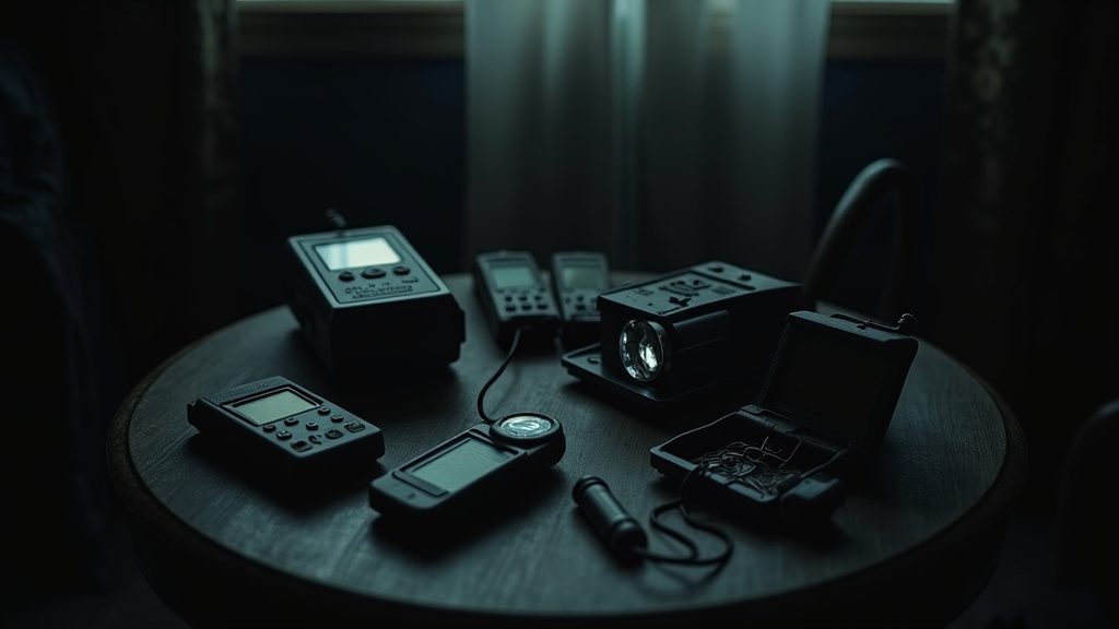 Collection of paranormal investigation equipment on a table, including EMF meter, digital recorder, and night vision camera.