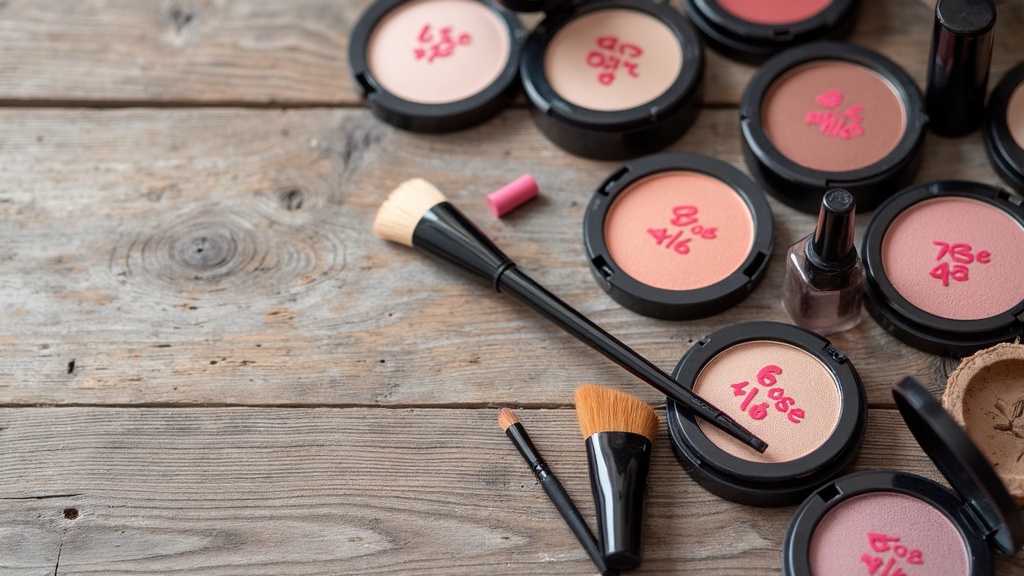 Flatlay of makeup products with discount tags and coupon stickers on a wooden table.