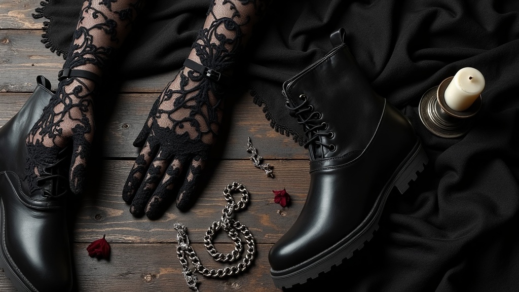 Gothic fashion accessories, lace, and velvet fabrics arranged on a dark table with candles and antique props.