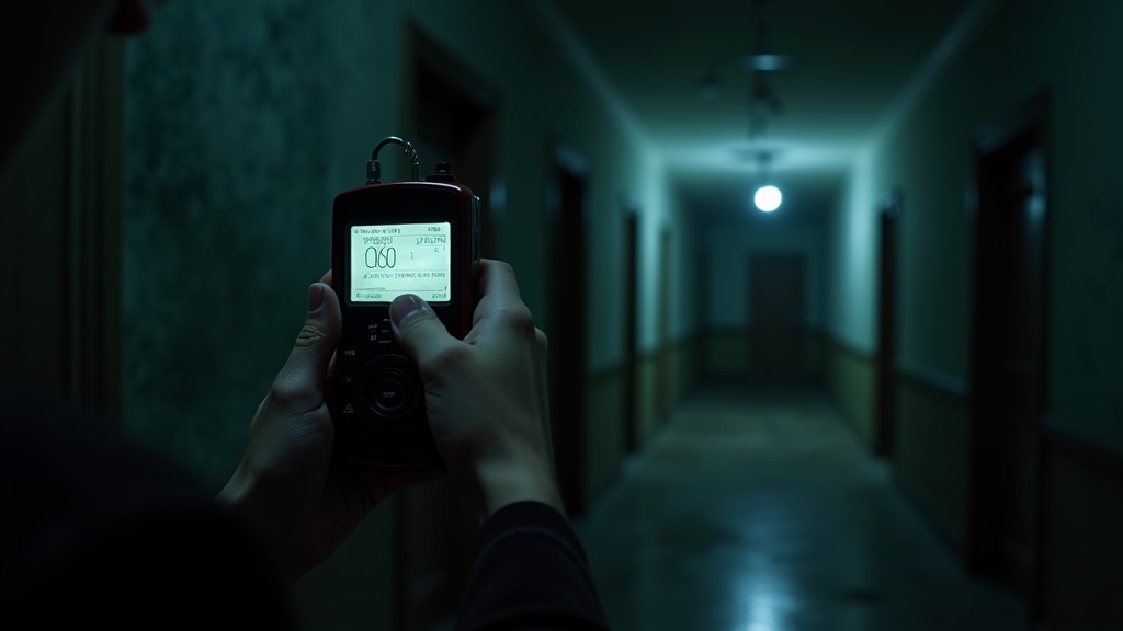 Set of basic ghost hunting tools including a flashlight, EMF meter, notebook, and handheld audio recorder.