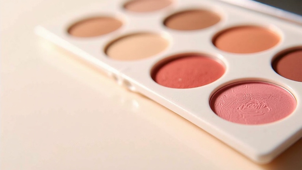 Smudge swatches of foundation, blush, and lip color on a white ceramic palette next to Amazon shipping box.