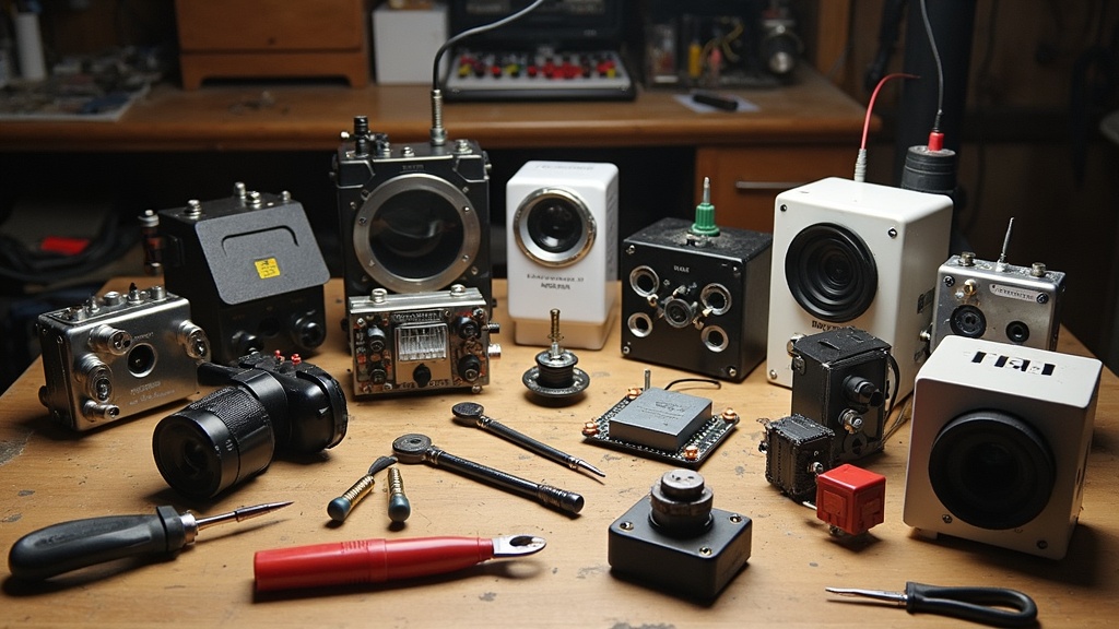 Closeup of hands cleaning lenses and replacing batteries in an EMF meter and audio recorder on a wooden table.